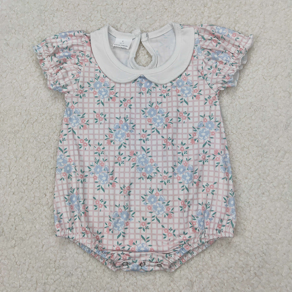 SR2878 Pink Plaid Baby Collar Short Sleeve Bodysuit with Flowers and Leaves  D 3.27