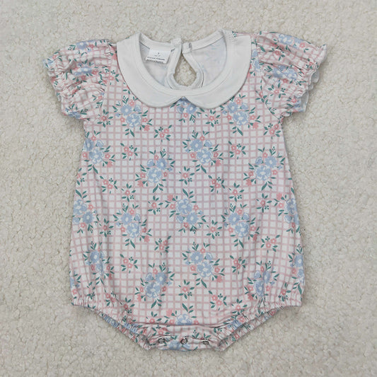 SR2878 Pink Plaid Baby Collar Short Sleeve Bodysuit with Flowers and Leaves D 3.27