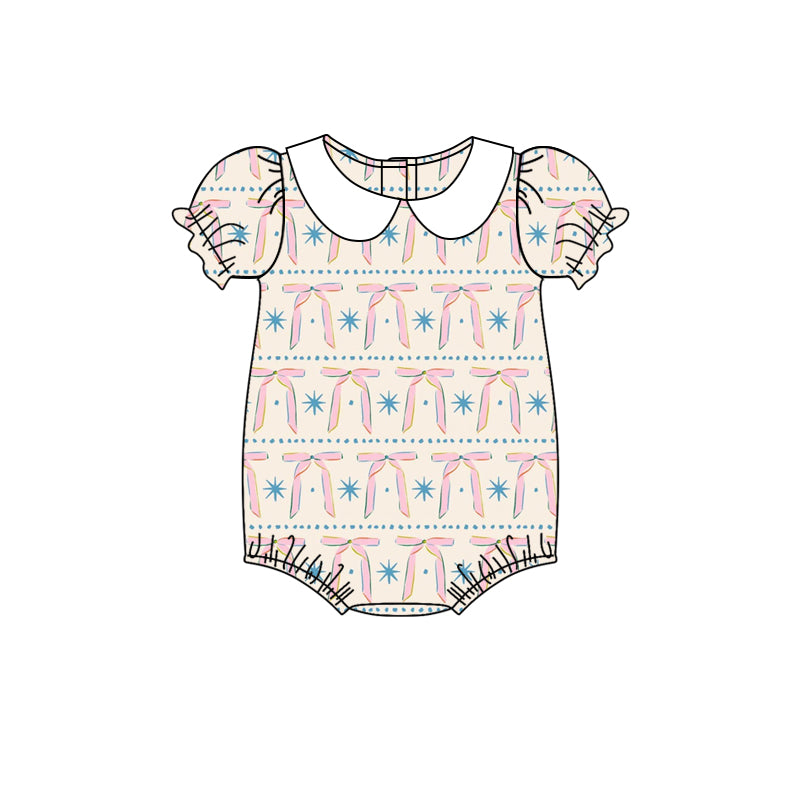 presale SR2879   Baby Infant Girls Pink Bows Short Sleeve Rompers D 3.5