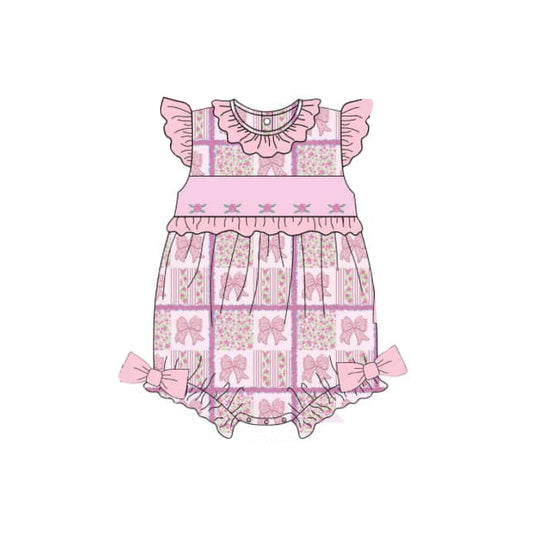 presale SR2882 Baby Infant Girls Pink Bows Flowers Flutter Sleeve Romper  D 3.5