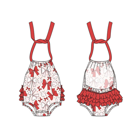 presale SR2885 Baby Infant Girls Red Bows Baseball Halter Rompers D 3.5