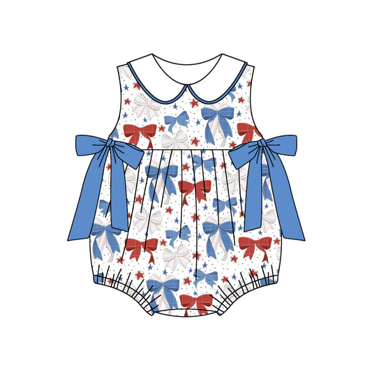 presale SR2886 Baby Infant Girls 4th Of July Blue Red Bows Sleeveless Rompers  D 3.5
