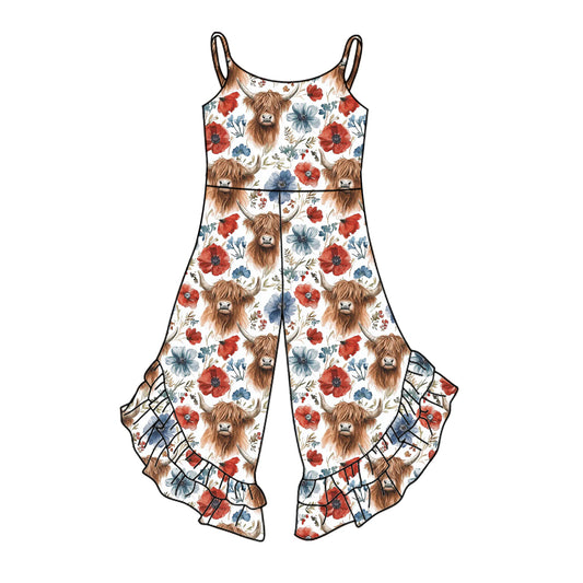 presale SR2888 Baby Girls 4th Of July Highland Cow Flowers Straps Jumpsuits D 3.5