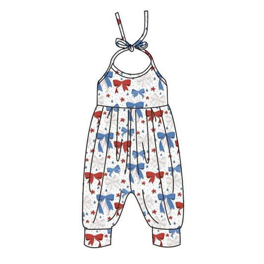 presale SR2889 Baby Girls 4th of July Bows Bows Halter Straps Jumpsuits D 3.5