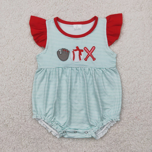 SR2892 Baby Infant Girls Baseball Flutter Sleeve Rompers D 1023