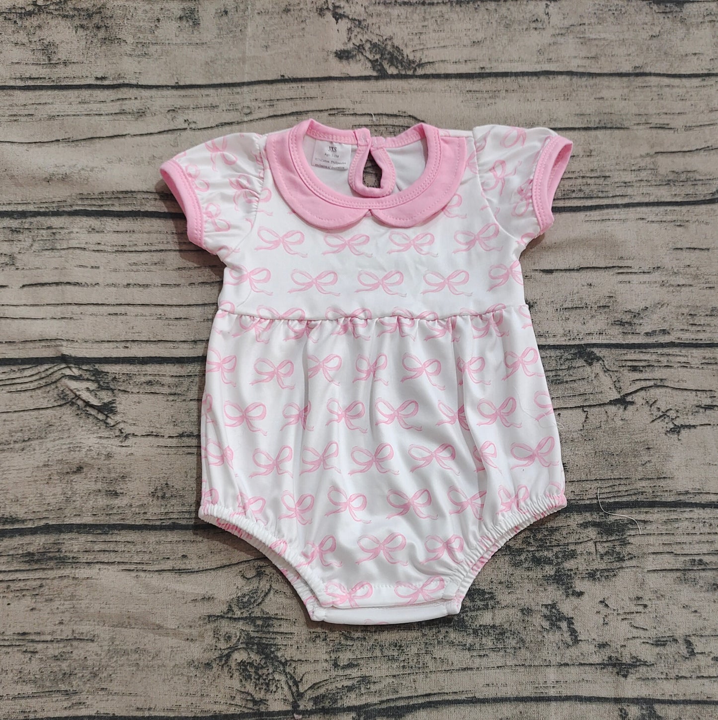 SR2893 Baby Infant Girls Pink Short Ruffle Sleeves Bows Doll Collar Rompers   D 4.9