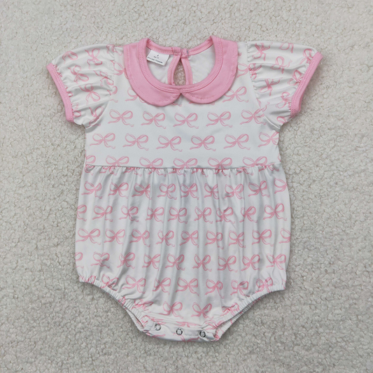 SR2893 Baby Infant Girls Pink Short Ruffle Sleeves Bows Doll Collar Rompers   D 4.9
