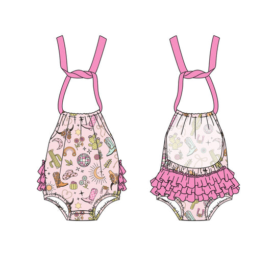presale SR2896  Baby Infant Girls Pink Strap Cactus Boots Backless Bubble Rompers D 3.4