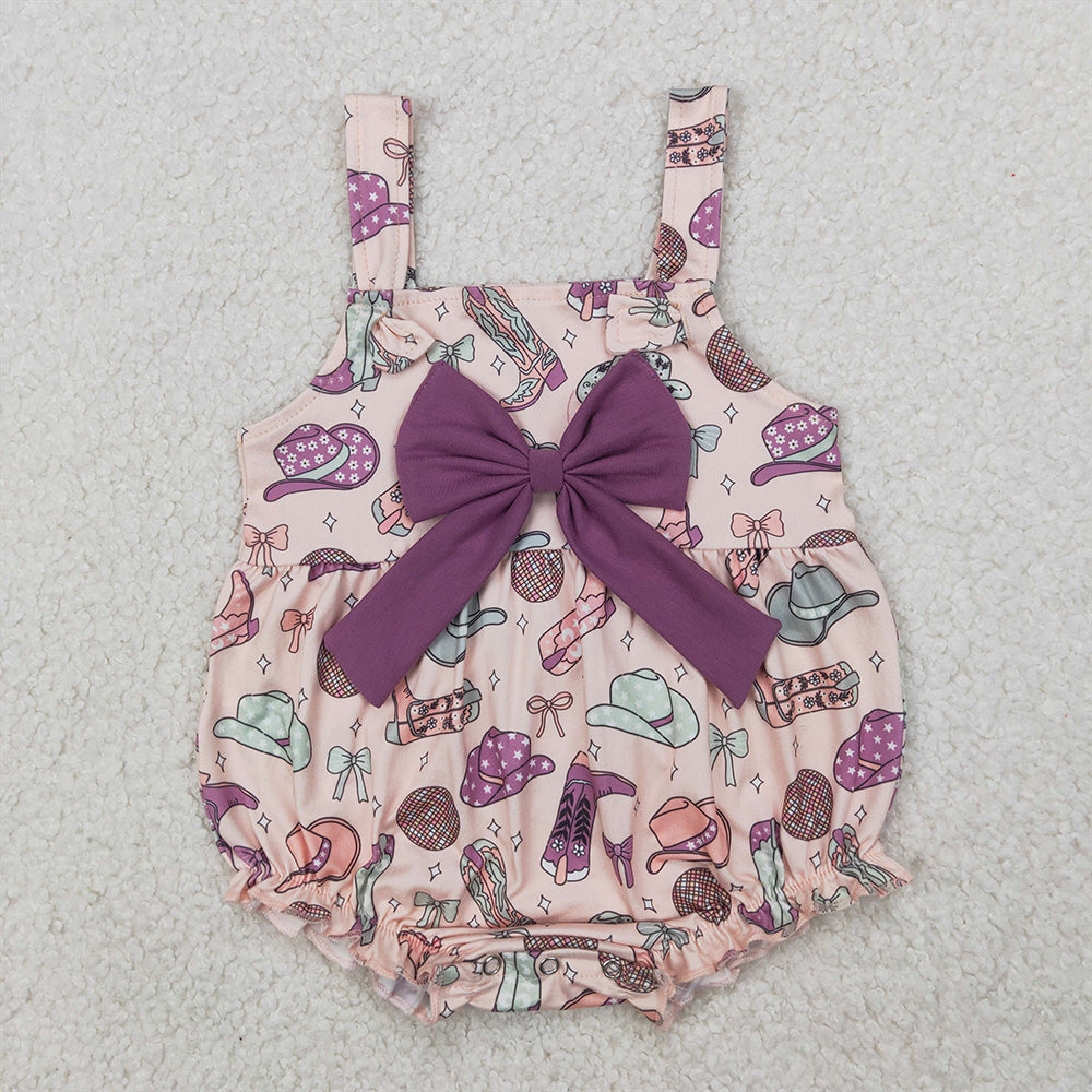SR2897  Baby Infant Girls Pink Strap Hats Boots Purple Bow Top Ruffle Romper D 3.31