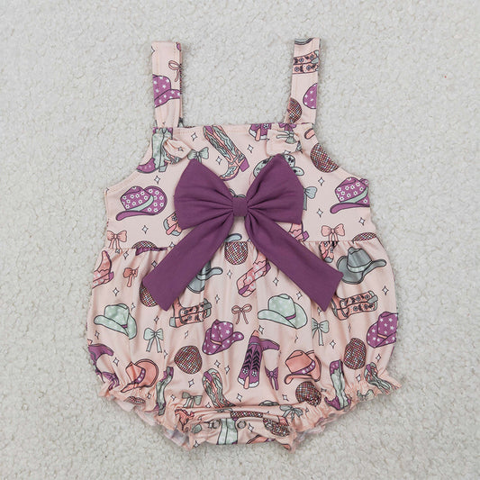 SR2897  Baby Infant Girls Pink Strap Hats Boots Purple Bow Top Ruffle Romper D 3.31