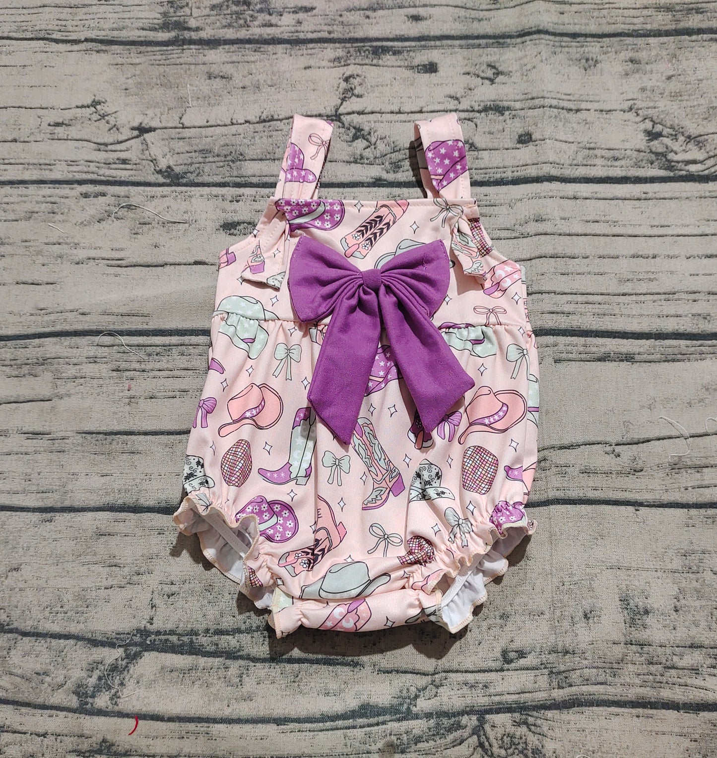 SR2897  Baby Infant Girls Pink Strap Hats Boots Purple Bow Top Ruffle Romper D 3.31