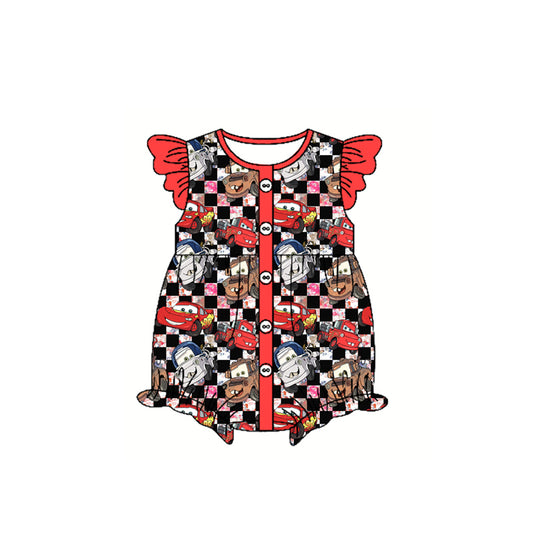 presale SR2898 Baby Infant Girls Peach Flutter Sleeves Button Black Plaid Cartoon Cars Ruffle Rompers D 3.4