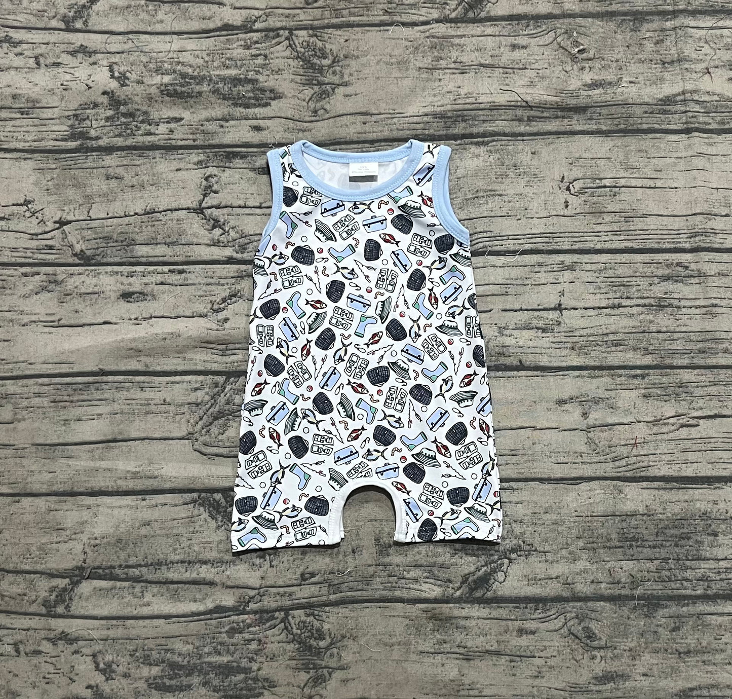 SR2900 Baby Infant Boys Sleeveless Fishes Rain Shoes Fishing Rompers  D 4.14