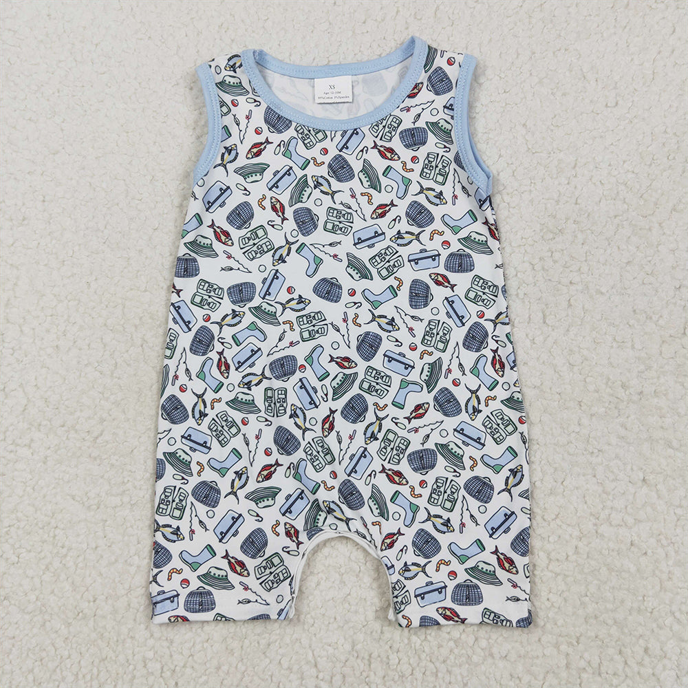 SR2900 Baby Infant Boys Sleeveless Fishes Rain Shoes Fishing Rompers  D 4.14