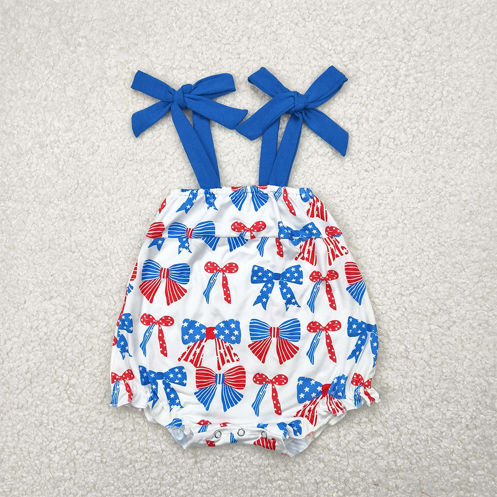 SR2902 Baby Infant Boys Blue Strap Red Bows Stars 4th Of July Rompers  D 4.14