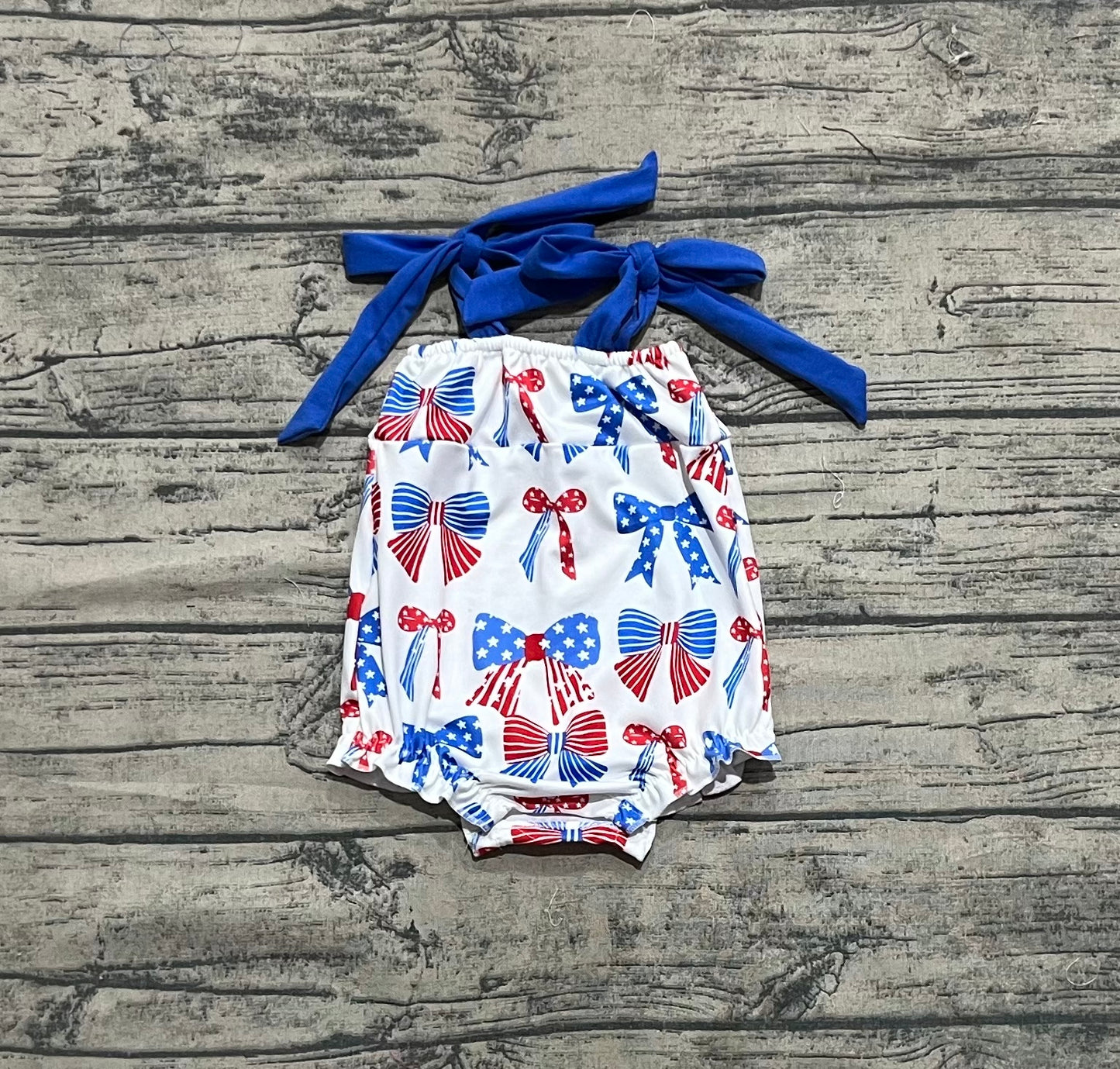 SR2902 Baby Infant Boys Blue Strap Red Bows Stars 4th Of July Rompers  D 4.14