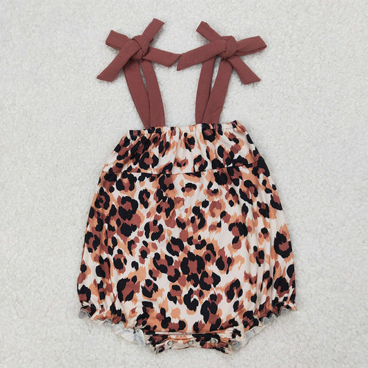 SR2913 Baby Infant Girls Dark Brown Bows Strap Leopard Rompers   D 3.31