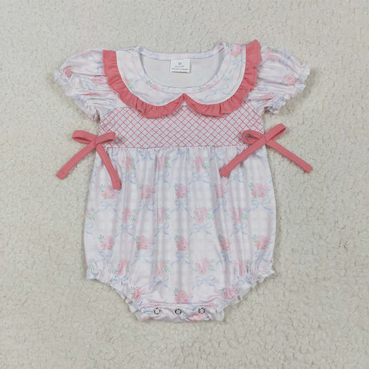 SR2917  Embroidery Baby Infant Girls Pink Short Ruffle Sleeves Floral Bows Top Rompers D 4.1