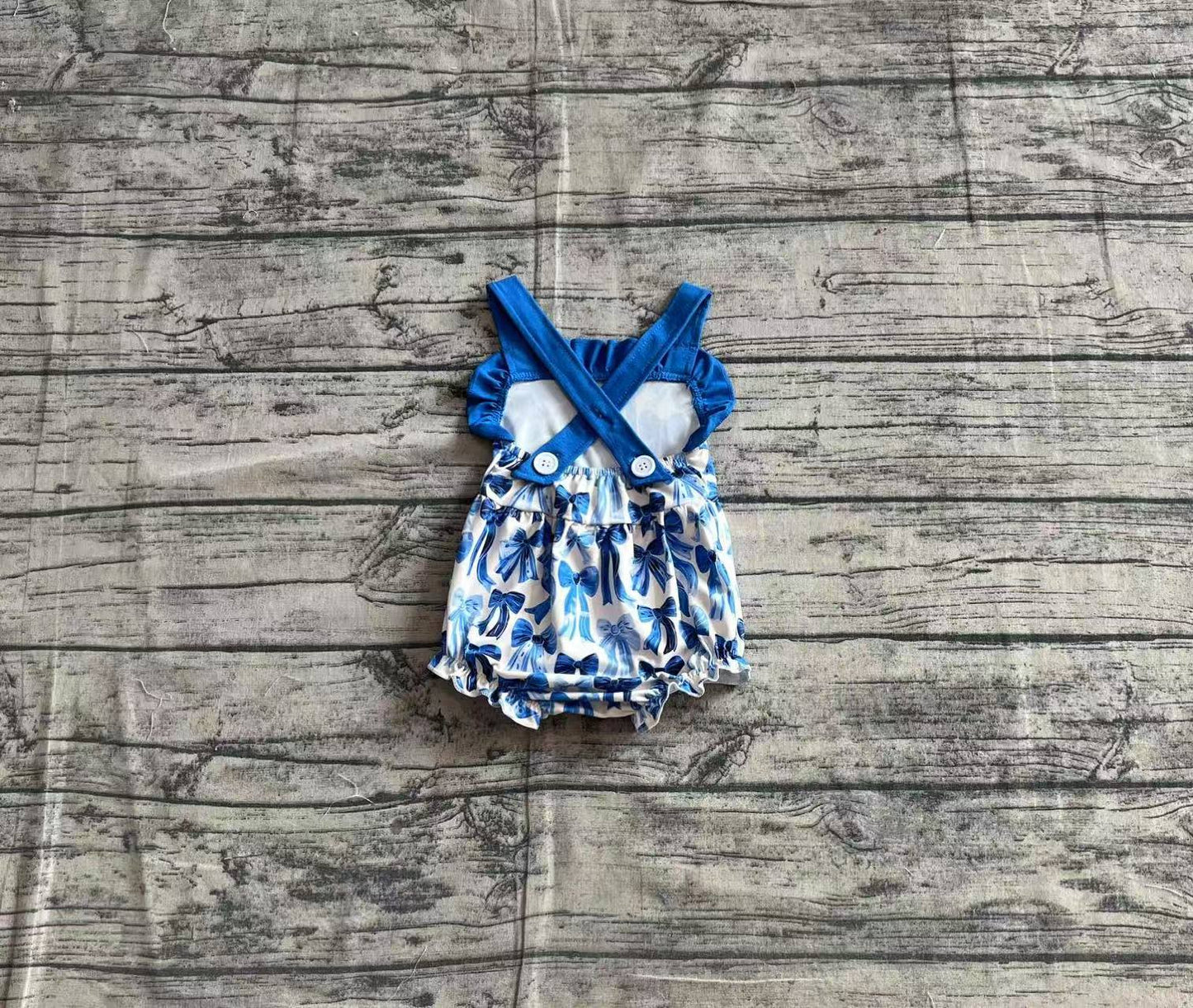 SR2919 Baby Infant Girls Blue Strap Bows Plaid Ruffle Rompers  D 4.7