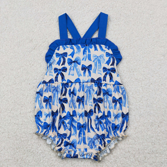 SR2919 Baby Infant Girls Blue Strap Bows Plaid Ruffle Rompers  D 4.7