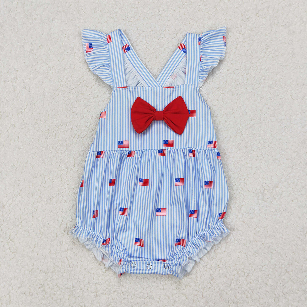 SR2921  Baby Infant Girls Blue Stripe Flutter Sleeves Flags Bow Top 4th Of July Rompers D 3.26
