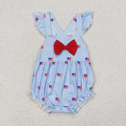 SR2921 Baby Infant Girls Blue Stripe Flutter Sleeves Flags Bow Top 4th Of July Rompers D 3.26
