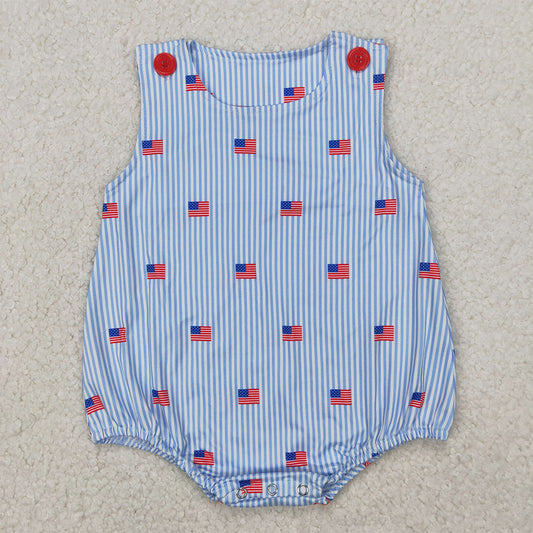 SR2922 Baby Infant Boys Sleeveless Blue Stripe Flags 4th Of July Rompers D 3.27