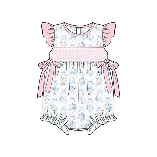 presale SR2923  Baby Infant Girls Pink Flutter Sleeves Floral Bows Top Ruffle Rompers D 3.13