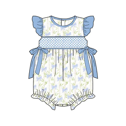 presale SR2924 Baby Infant Girls Blue Flutter Sleeves Bamboo Bows Top Ruffle Rompers  D 3.13