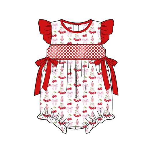 presale SR2925 Baby Infant Girls Red Flutter Sleeves Cherry Bows Top Ruffle Rompers D 3.13