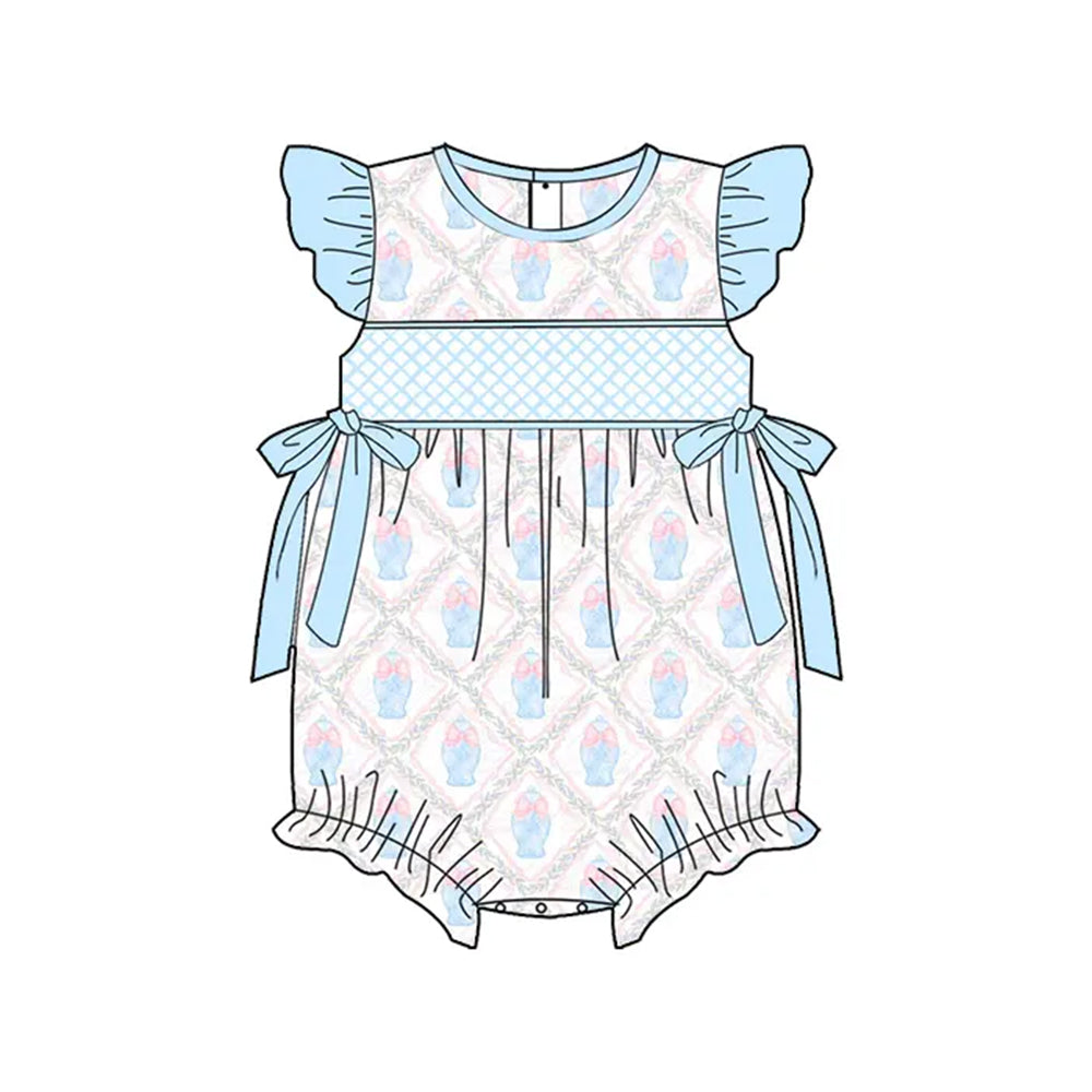 presale SR2926  Baby Infant Girls Light Blue Flutter Sleeves Floral Bows Top Ruffle Rompers D 3.13