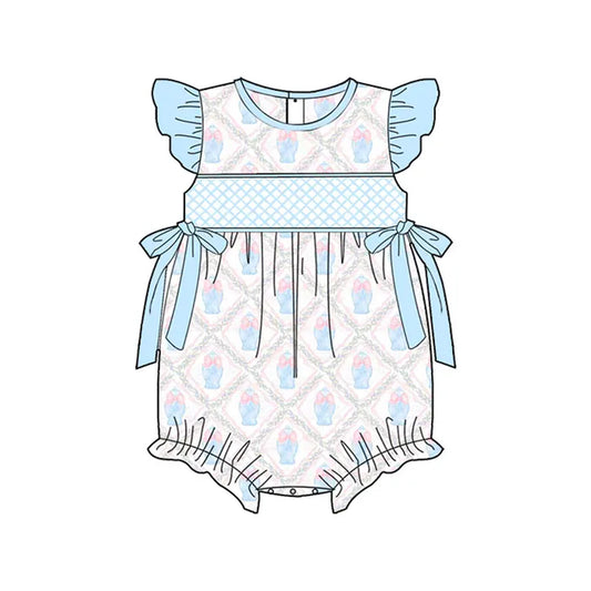 presale SR2926 Baby Infant Girls Light Blue Flutter Sleeves Floral Bows Top Ruffle Rompers D 3.13