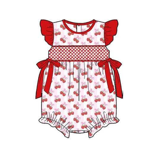 presale SR2927 Baby Infant Girls Red Flutter Sleeves Strawberry Stripe Bows Top Ruffle Rompers D 3.13