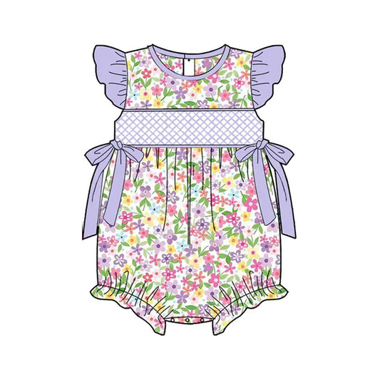 presale SR2928 Baby Infant Girls Lavender Flutter Sleeves Floral Bows Top Ruffle Rompers D 3.13