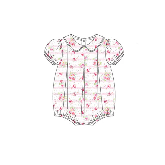presale SR2929 Baby Infant Girls Short Ruffle Sleeves Pink Stripe Floral Ruffle Rompers D 3.13