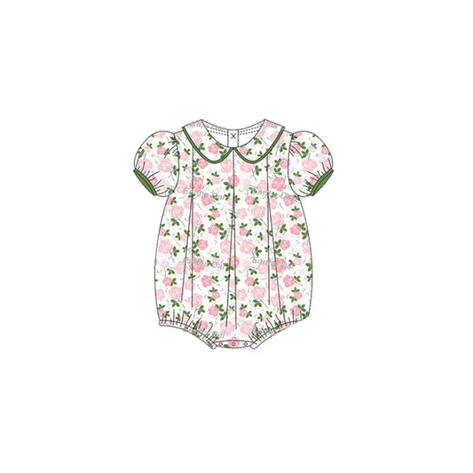 presale SR2930  Baby Infant Girls Short Ruffle Sleeves Pink Floral Ruffle Rompers D 3.13