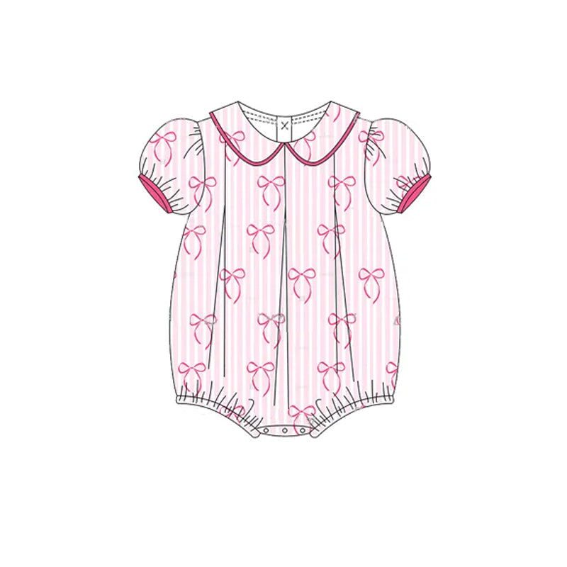 presale SR2931  Baby Infant Girls Short Ruffle Sleeves Pink Stripe Bows Ruffle Rompers D 3.13