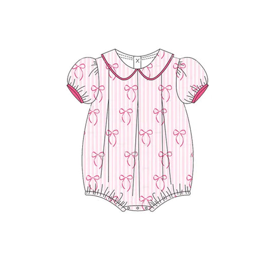 presale SR2931  Baby Infant Girls Short Ruffle Sleeves Pink Stripe Bows Ruffle Rompers D 3.13
