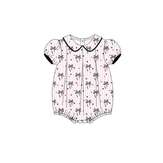 presale SR2932 Baby Infant Girls Short Ruffle Sleeves Pink Stripe Black Bows Ruffle Rompers D 3.13