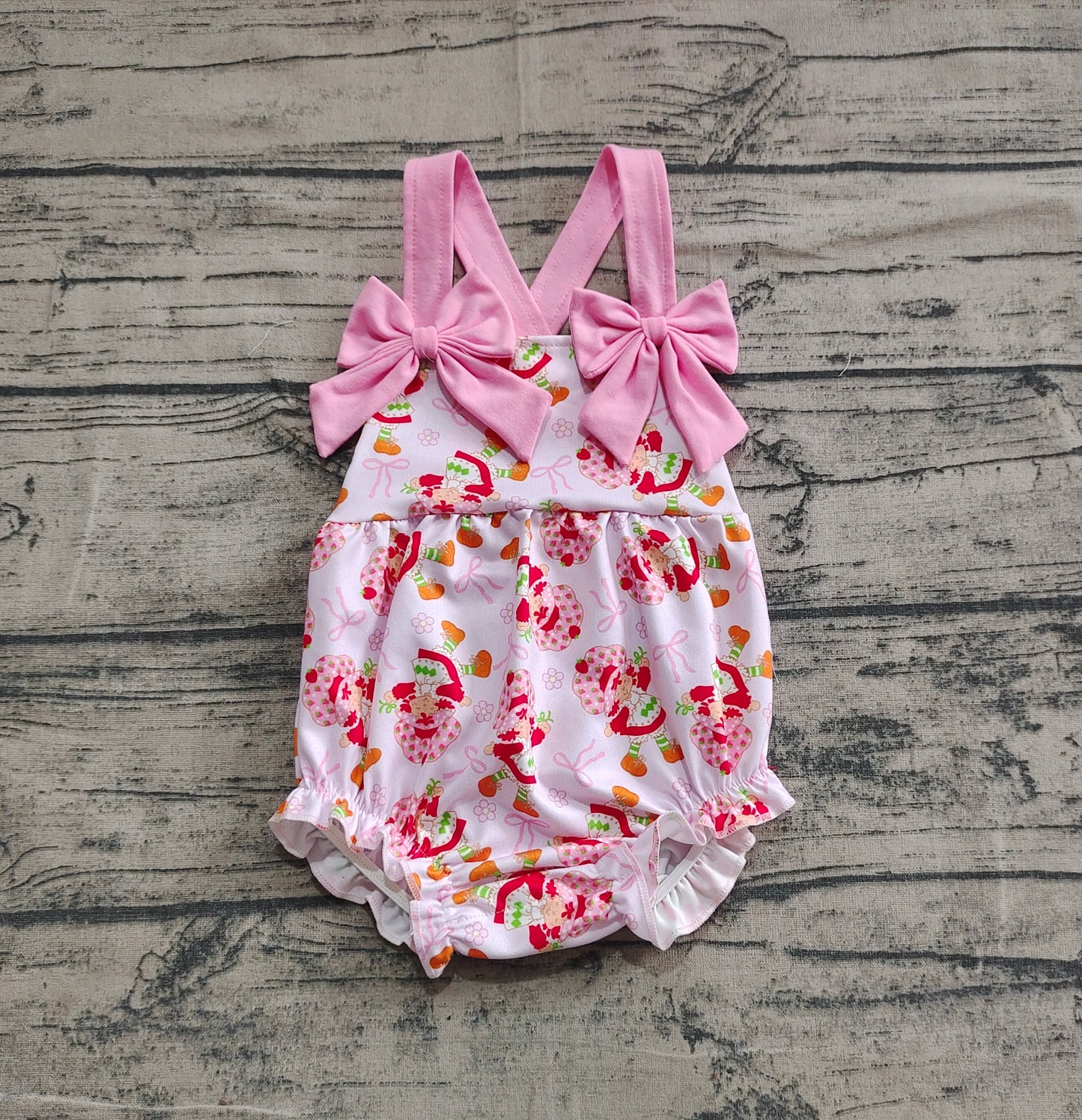 SR2933  Baby Infant Girls Pink Bows Strap Bows Strawberry Ruffle Rompers D 4.16