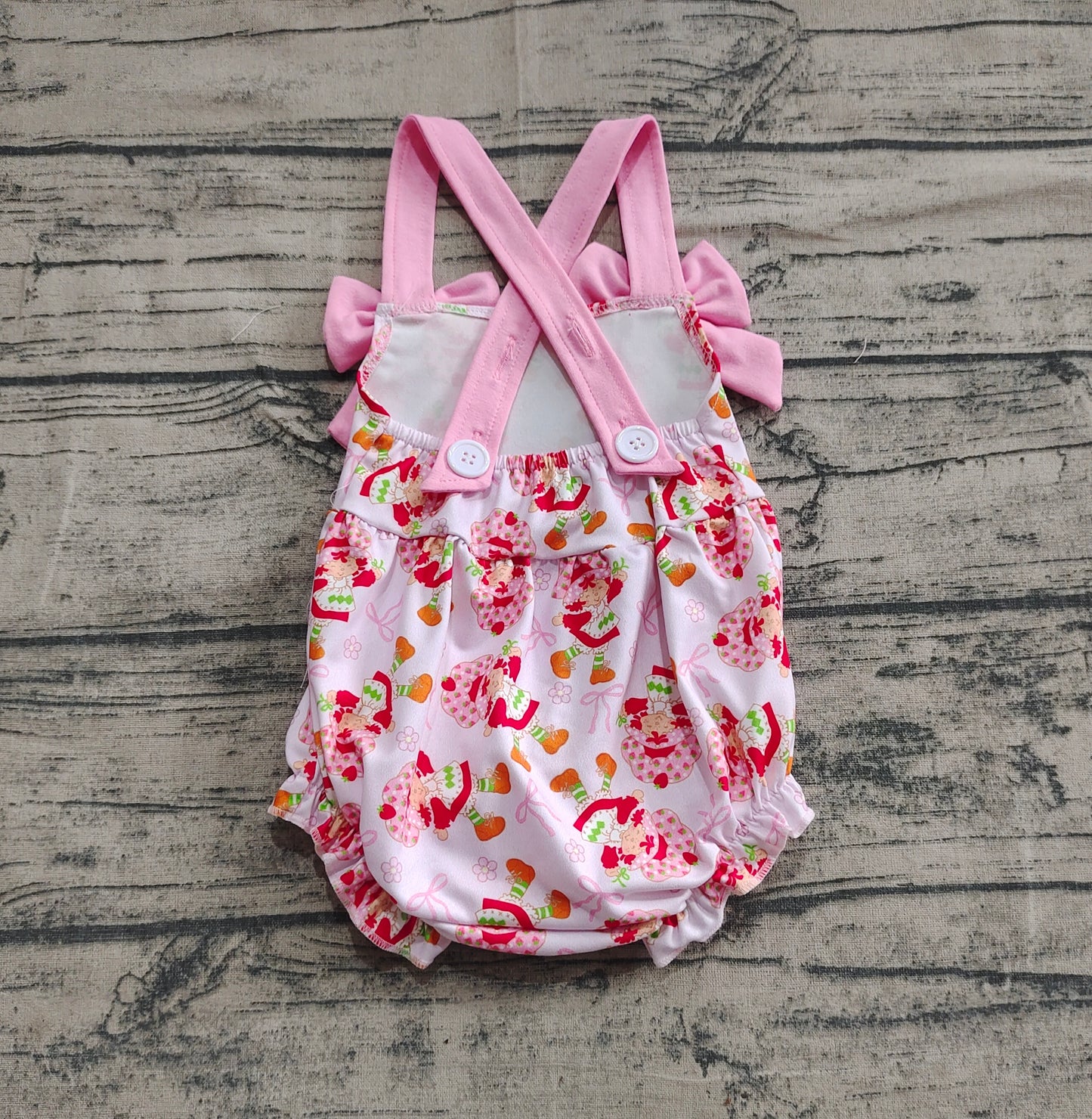 SR2933  Baby Infant Girls Pink Bows Strap Bows Strawberry Ruffle Rompers D 4.16