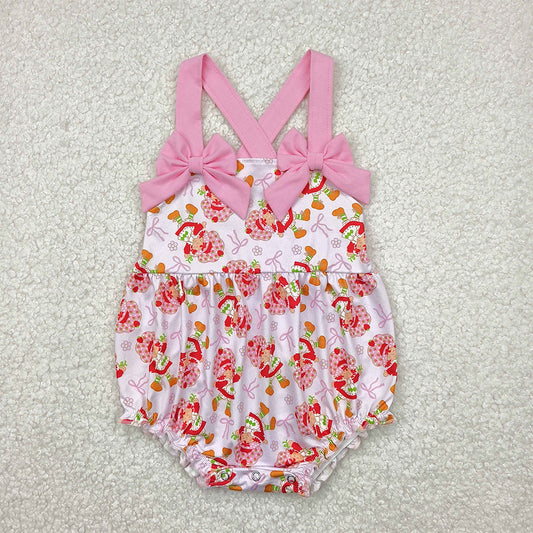 SR2933 Baby Infant Girls Pink Bows Strap Bows Strawberry Ruffle Rompers D 4.16