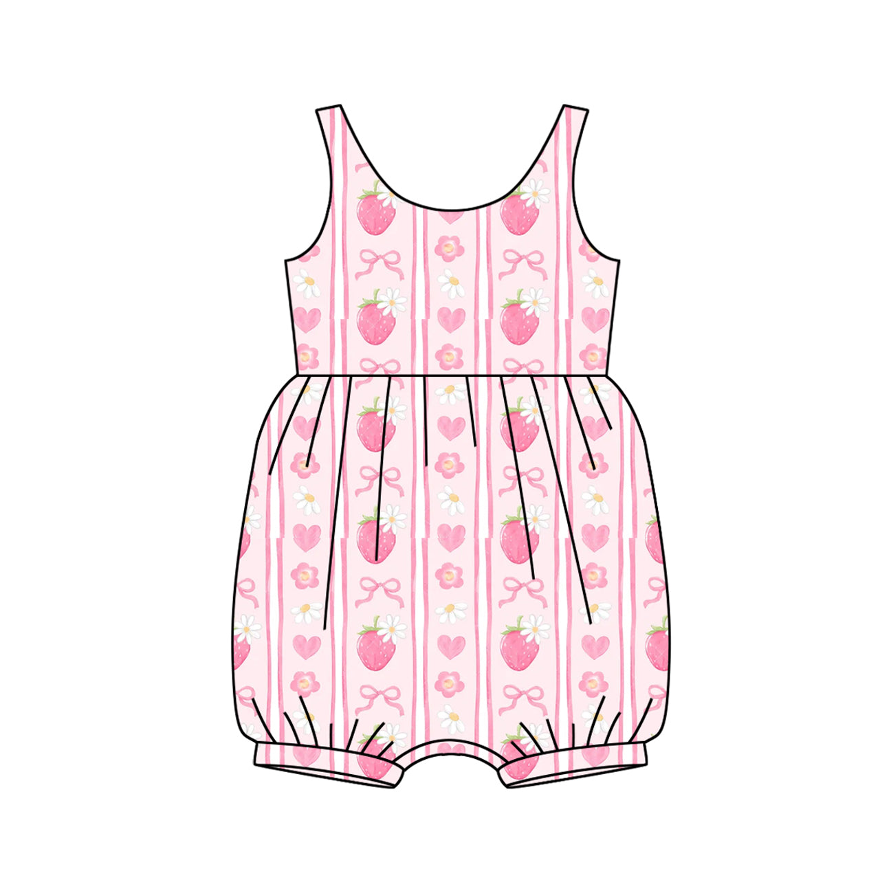 presale  SR2934 Baby Infant Girls Pink Sleeveless Bows Strawberry Stripe Ruffle Rompers  D 3.13