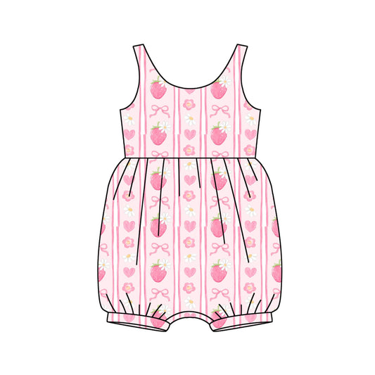 presale  SR2934 Baby Infant Girls Pink Sleeveless Bows Strawberry Stripe Ruffle Rompers  D 3.13