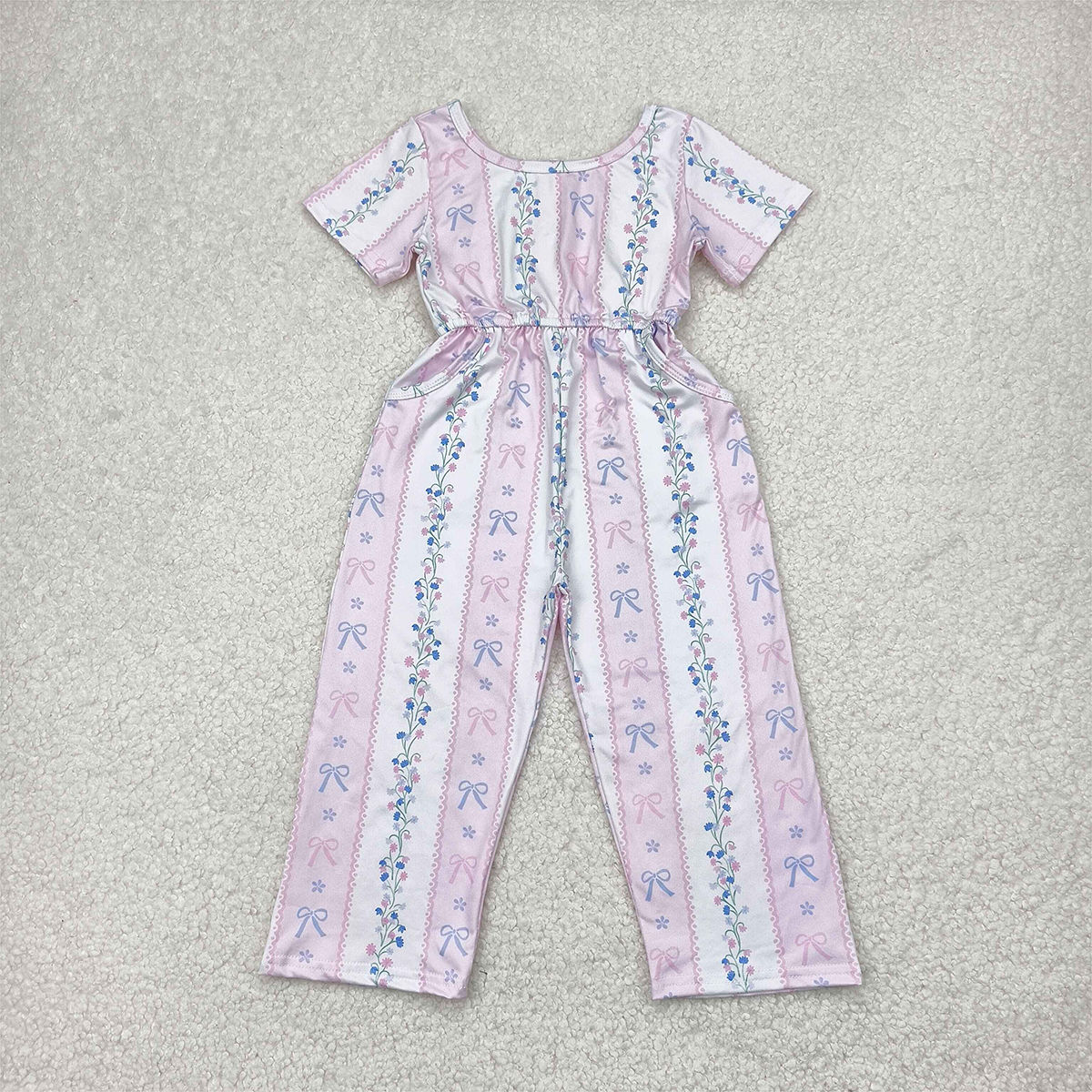 SR2941 Baby Girls Pink Short Sleeves Bows Floral Pockets Jumpsuits  D 4.10