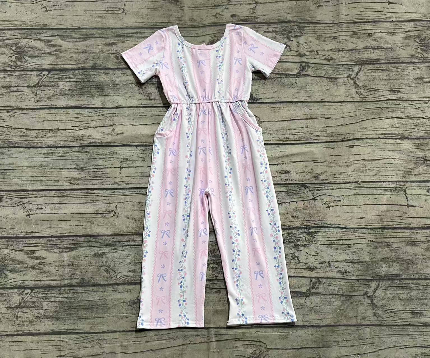 SR2941 Baby Girls Pink Short Sleeves Bows Floral Pockets Jumpsuits  D 4.10
