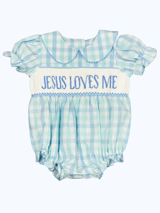 presale SR2942 Baby Infant Girls Short Ruffle Sleeves JESUS LOVES ME Blue Plaid Ruffle Rompers D 3.11