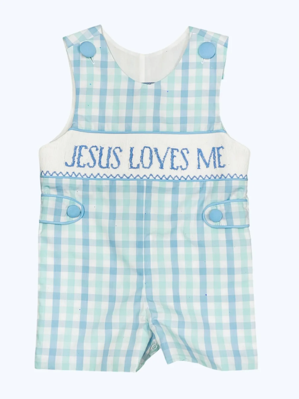 presale SR2943 Baby Infant Boys Sleeveless JESUS LOVES ME Blue Plaid Rompers  D 3.11