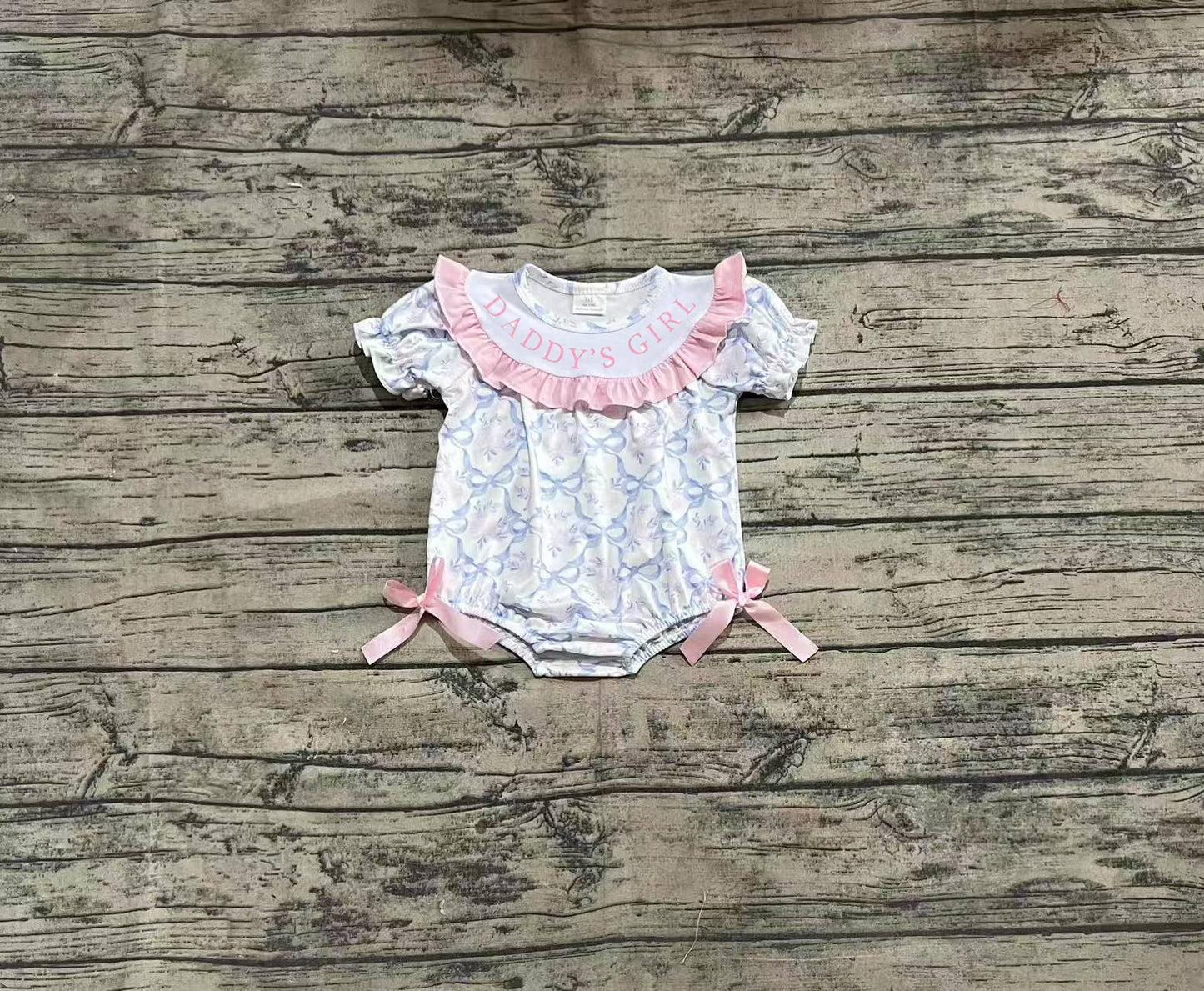 SR2944  Baby Infant Girls Short Ruffle Sleeves Blue Bows DADDY'S GIRL Ruffle Rompers D 4.1