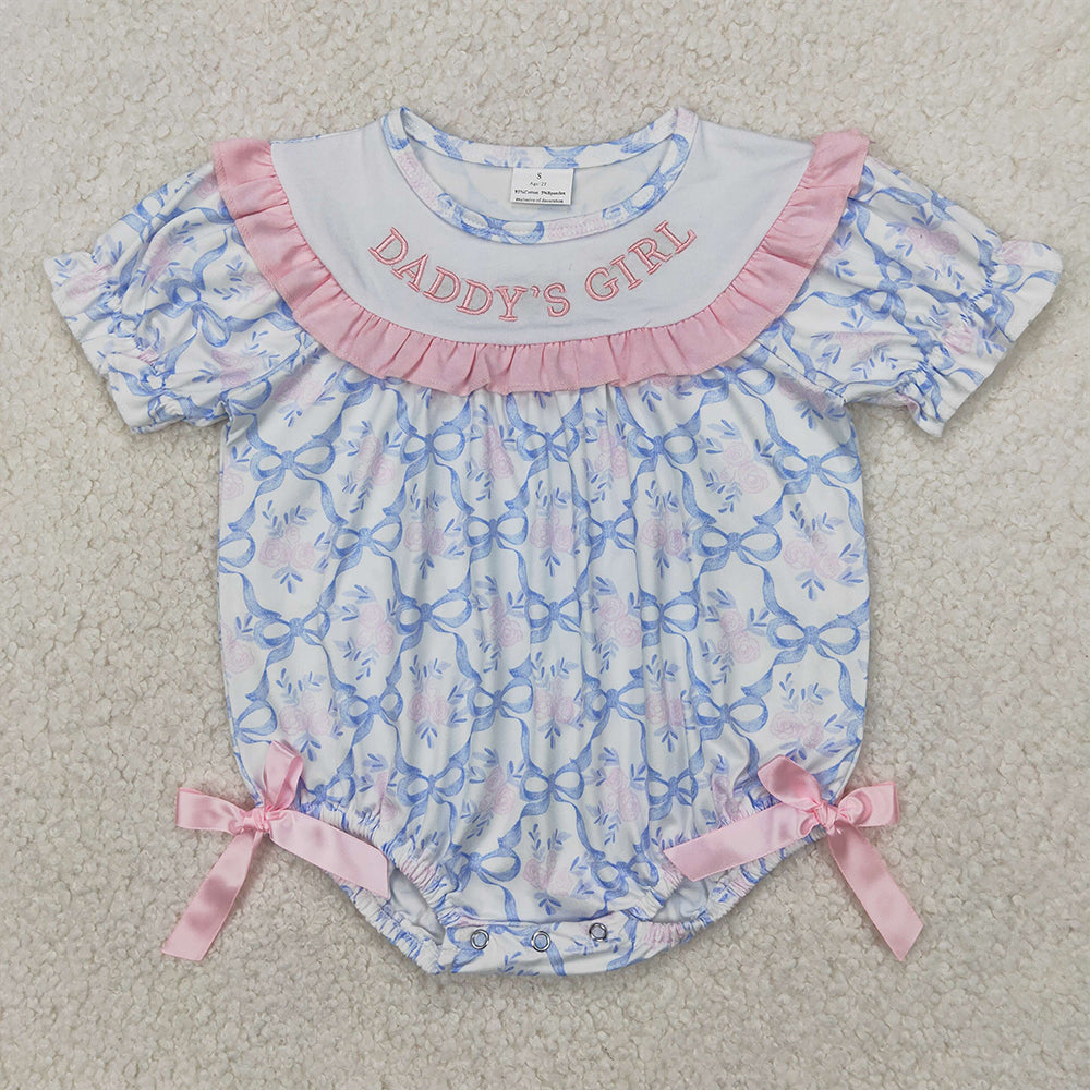SR2944  Baby Infant Girls Short Ruffle Sleeves Blue Bows DADDY'S GIRL Ruffle Rompers D 4.1
